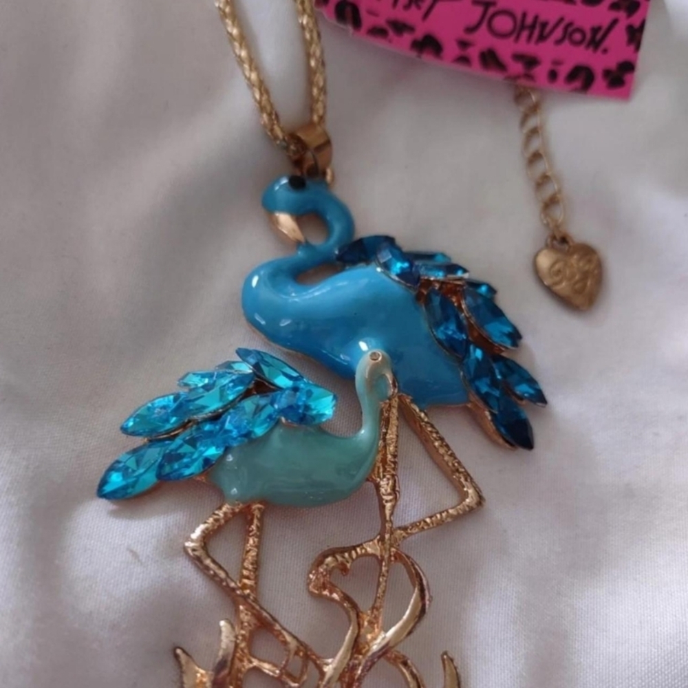 VINTAGE Betsey Johnson Blue and Gold Flamingo Necklace